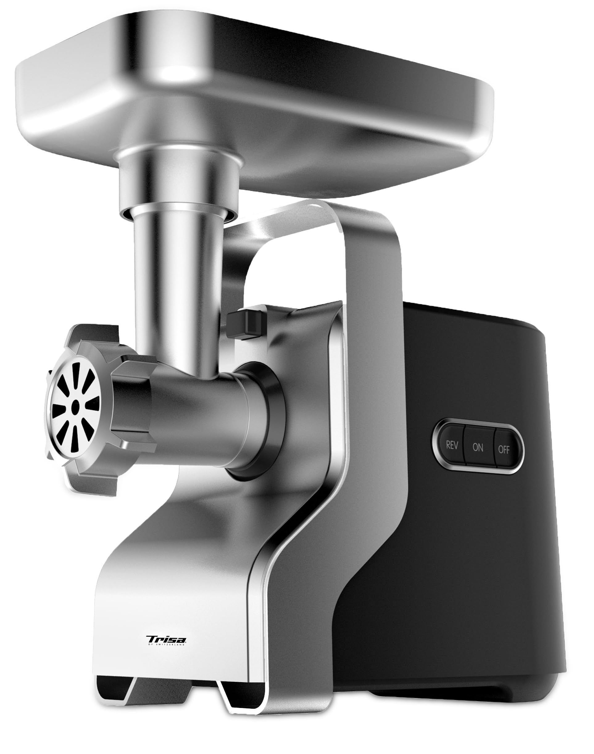 Trisa Vario Grinder Fleischwolf 1360W, 3 Lochscheiben, REV, Wurstfüller | Kebbe-Aufsatz, Edelstahl-Einfüllschale, Rücklauffunktion Gegen Blockaden, Frisches Hackfleisch, Burger-Patties, Tatar