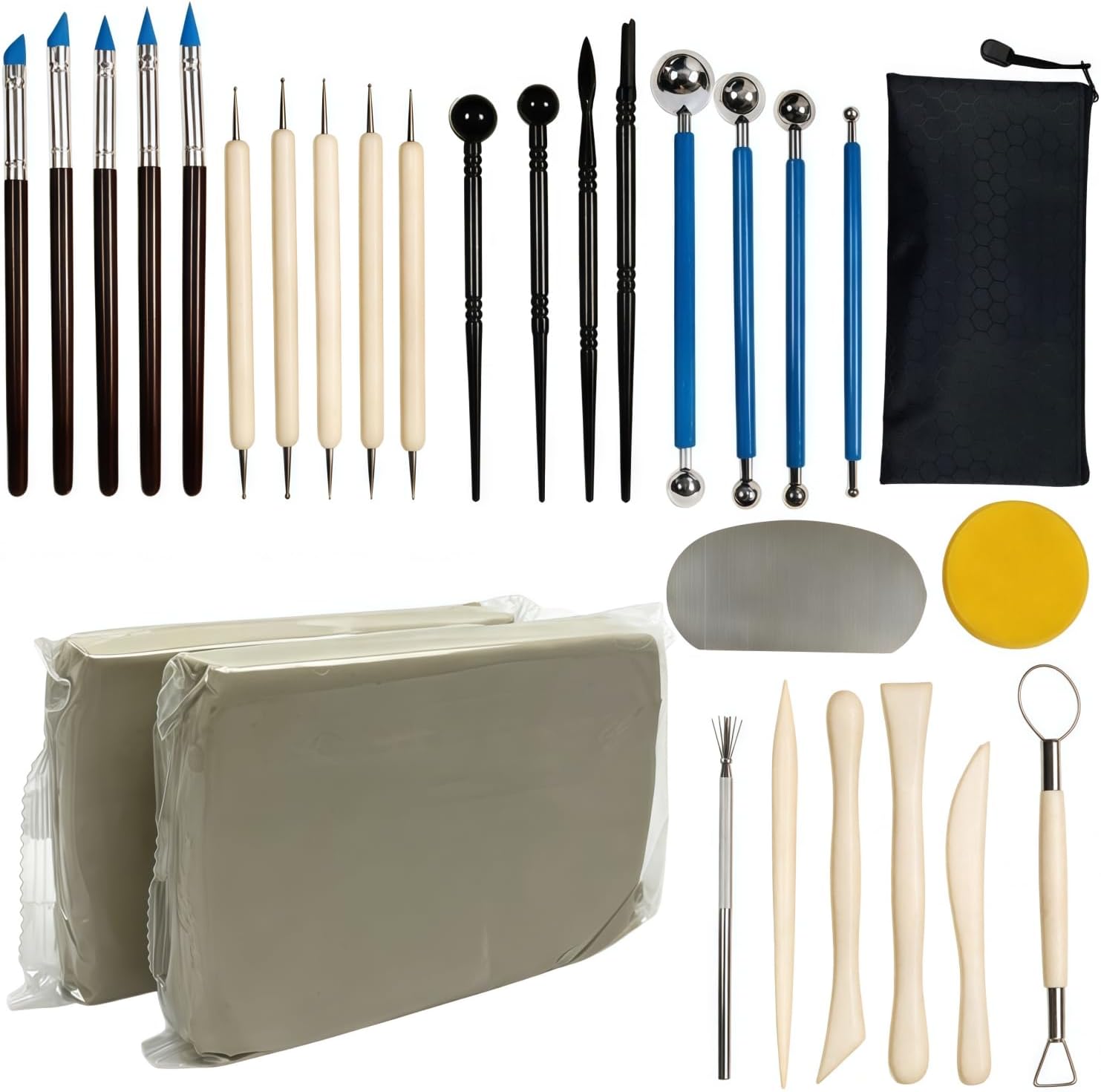 2.2LBs White Pottery Clay with 27 Pcs Clay Sculpting Tools,Natural Air Dry Clay Kit for Adults, Modeling Clay for Pottery, Ceramic Graving Pottery Wheel use for DIY Handicraft (White)