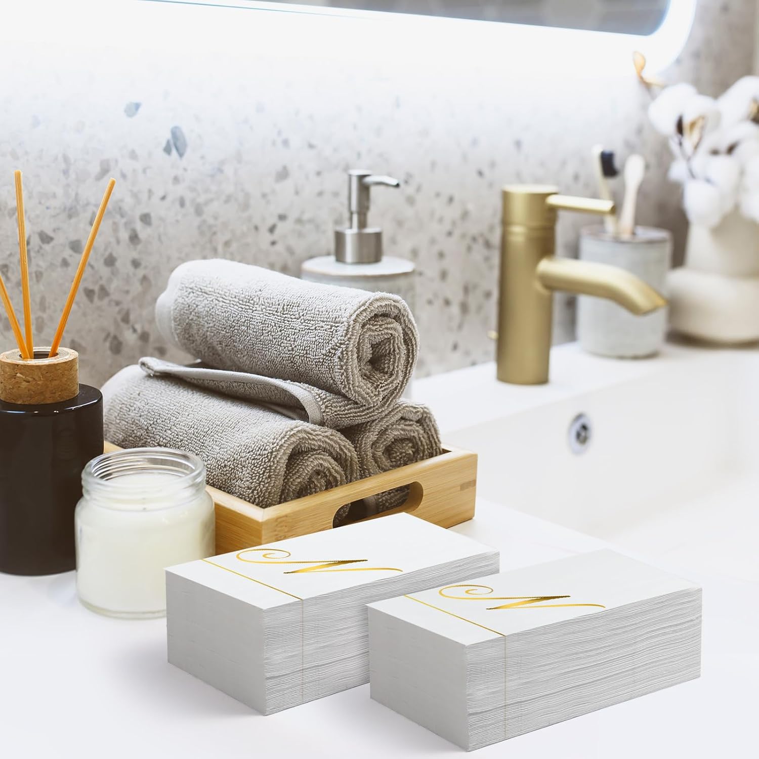 Pasimy 200 Pcs Initial Napkins Monogram Guest Napkins Gold Letter Paper Napkins Disposable Elegant Dinner Towels for Wedding Bridal Shower Holiday Birthday Party Tableware Decor(N Letter) - Image 6