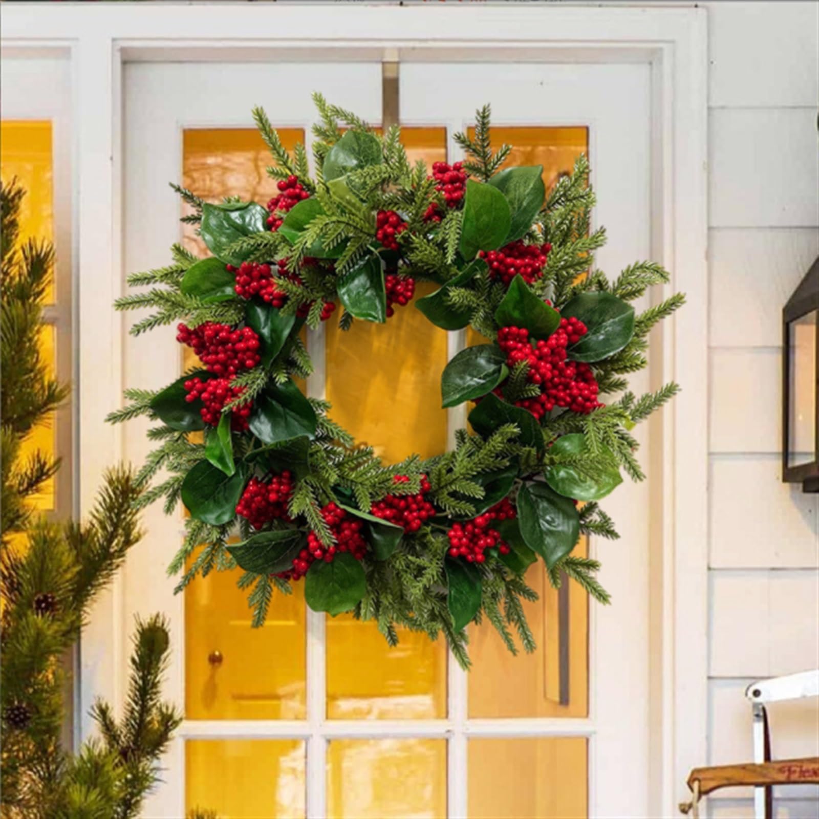 Corona Navidad Guirnalda Navideña Artificial De Invierno Decoración con Frutos Rojos Artificial Decoración