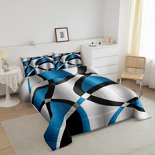 Miniatura 2 de Feelyou Juego de edredón abstracto azul y blanco con círculos geométricos, juego de ropa de cama retro a rayas y remolinos, moderno juego de edredón