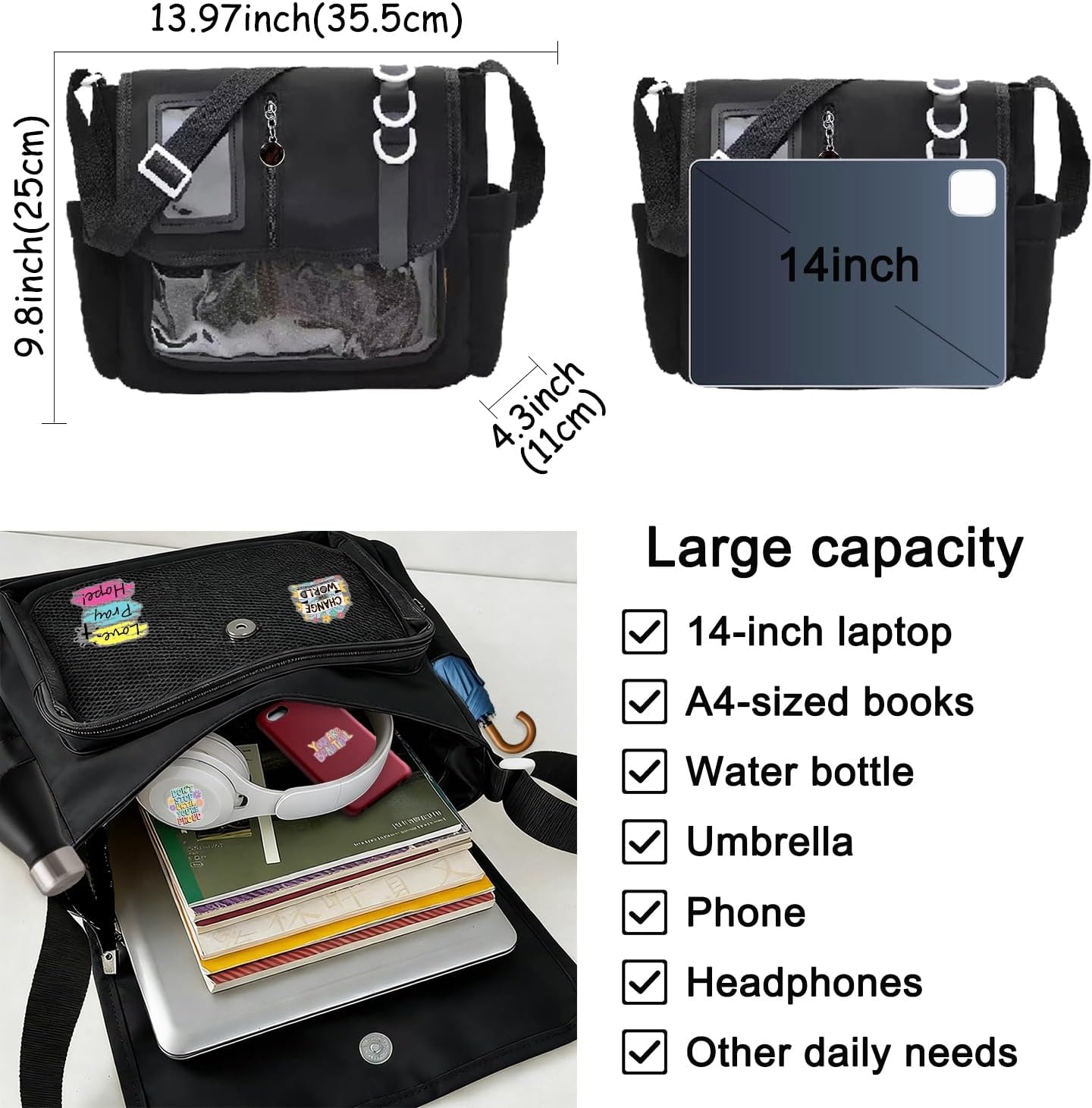 Black Messenger Ita Bag Crossbody for Women, Large Capacity Pin Display Insert Bags, Kawaii Japanese School Ladies Purse, Y2K Korean College Aesthetic Shoulder Tote