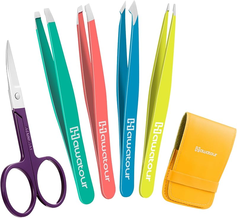 Kit de pinças HAWATOUR com tesoura para sobrancelhas, multicolorido, 5 unidades