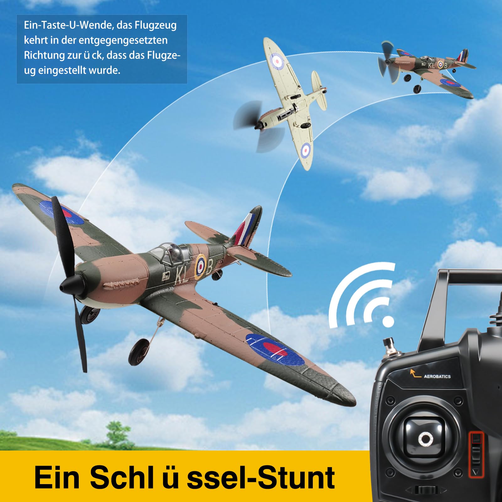 Fremego RC Flugzeug,Spitfire 2.4G 4 CH Ferngesteuertes Flugzeug RTF Kunstflug Warbird Flugzeuge Spielzeug für Kinder Anfänger Erwachsene mit 6-Achsen Gyro Stabilisierungs System 761-12