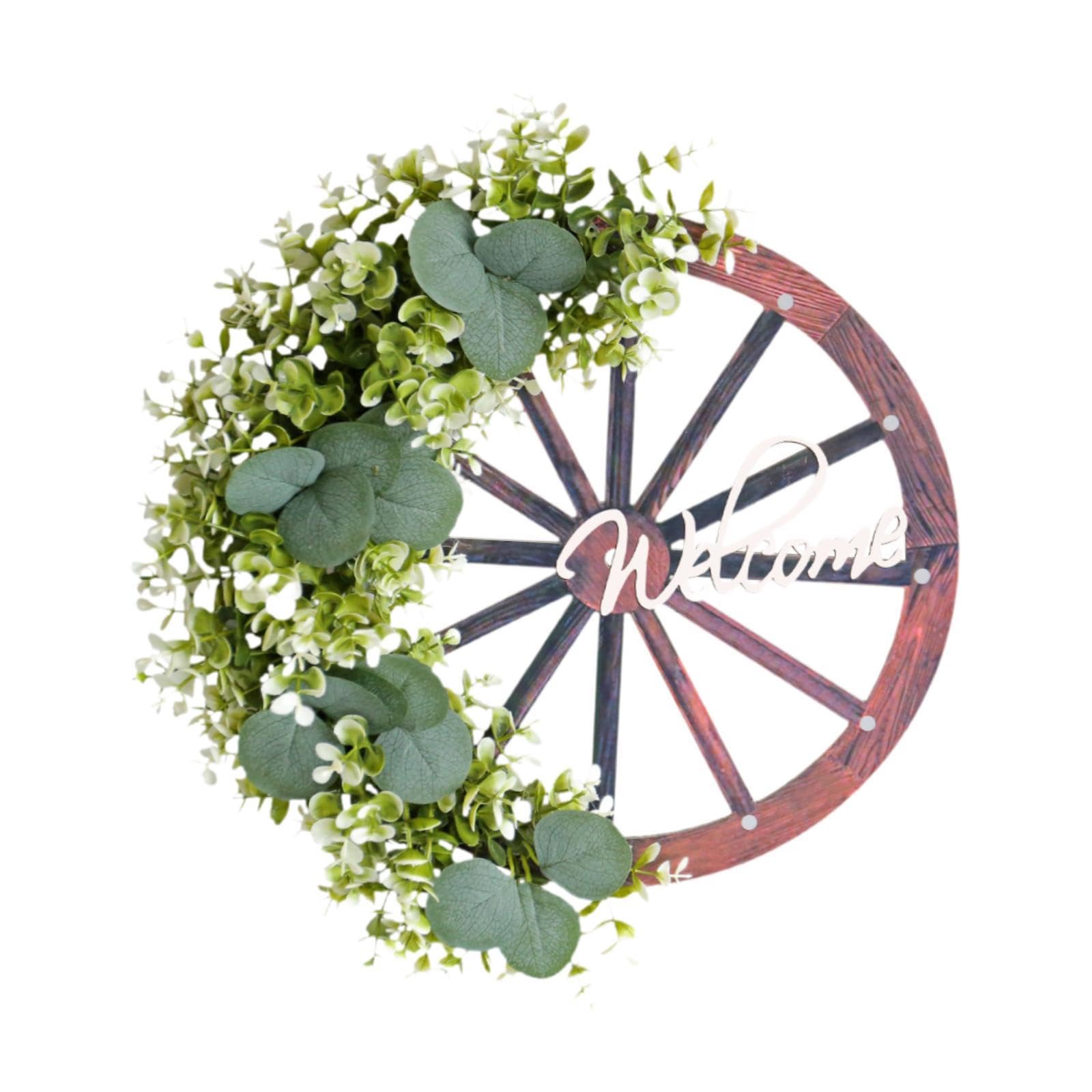 Wagon Wheel Wreath 15.75x17.32x3.15 inch Rustic Wooden Spring Wreath Decoration and Welcome Sign for Farmhouse Front Door Housewarming Gift