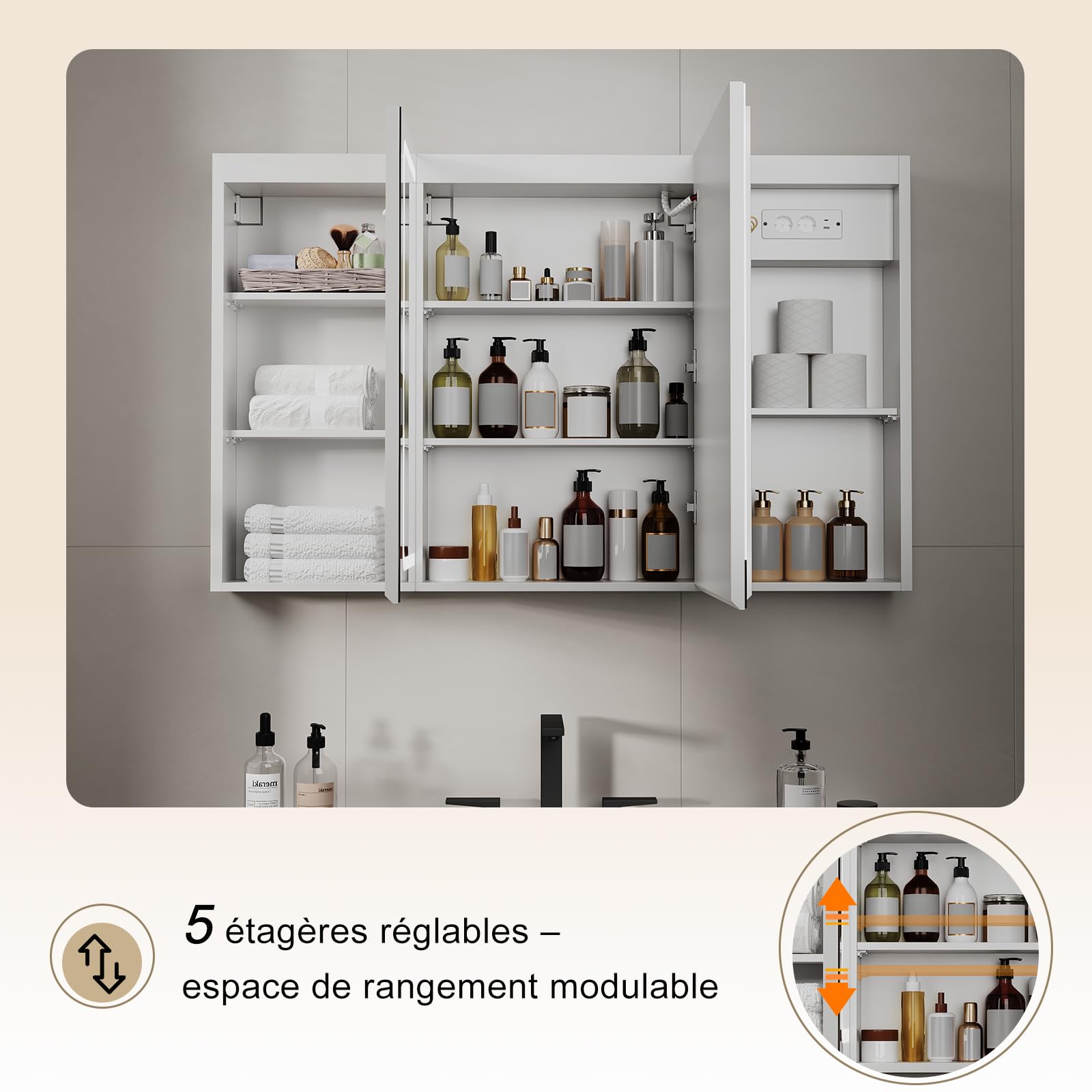 TRIUMPHKEY Armoire de Toilette avec Éclairage, 120 x 75 cm, Design Pliant 3 Panneaux, LED Dimmable, Charnières à Fermeture Douce, Anti-Buée, Prises Intégrées & USB, 5 Niveaux de Rangement