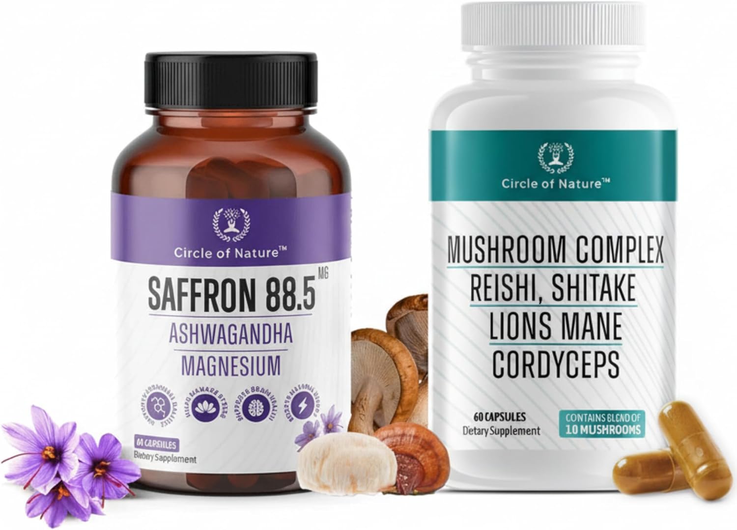 Saffron Extract 88.5mg, Ashwagandha with Magnesium And Brain Booster Mushroom Complex with Lion’s Mane, Reishi, Cordyceps & 7 More | Mood, Focus, Stress & Eye Health Support | combo, Made in USA (Circ