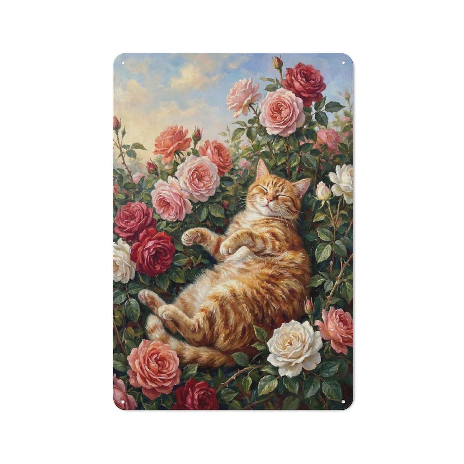 Junmoney Style-10 Cat Sleeping Among Roses Printed Metal Sign 30X20cm For Lounge Or Reading Corner, A Winter Wall Decor Update For Reading Corner Decorators