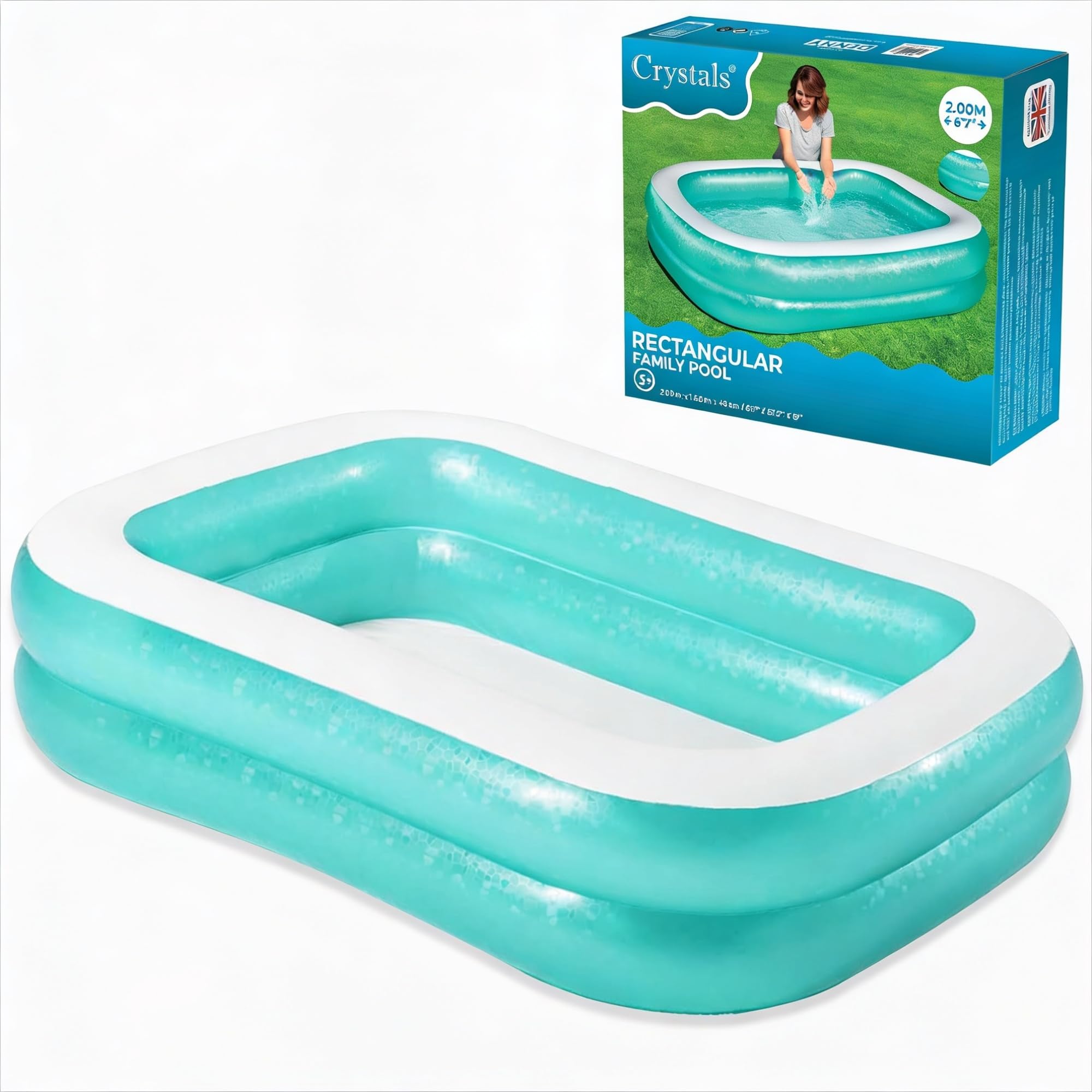 Crystals Inflatable Family Swimming Pool 2m x 1.46m – Large Rectangular Paddling Pool for Kids & Adults – Outdoor Garden Swimming Pool with Heavy Duty Vinyl, Quick Release Drain Valve & Repair Patch