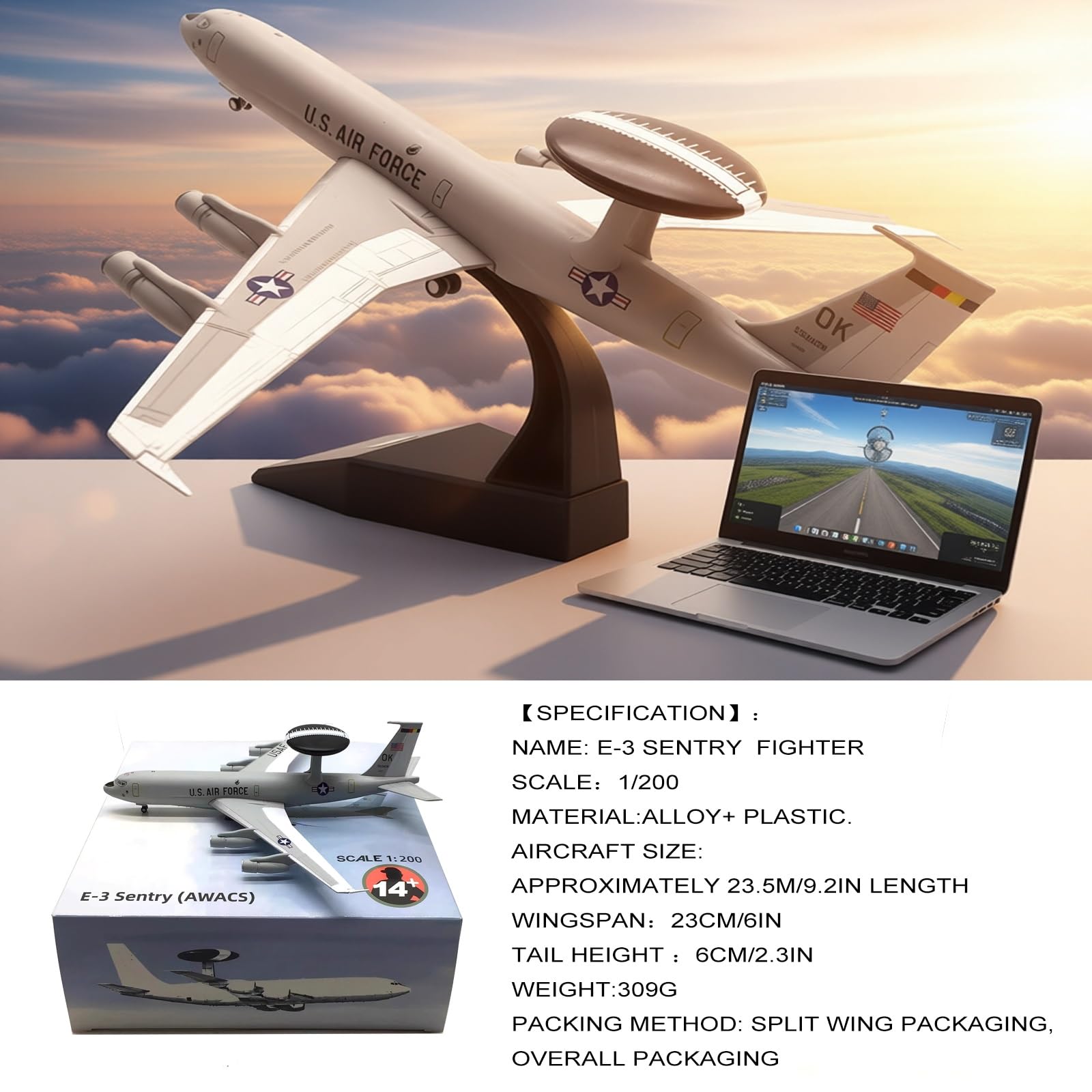 Modello aereo militare E-3 in lega pressofusa in scala 1:200 - Espositore da collezione di alta qualità for appassionati aviazione, regalo perfetto for decorazioni casa/ufficio