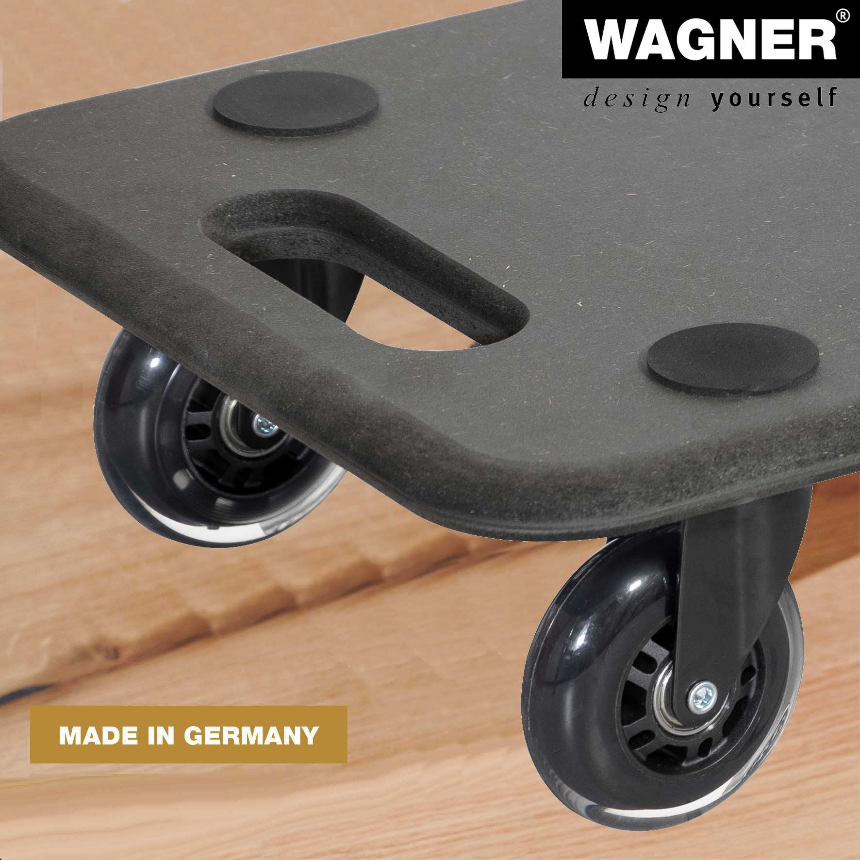 WAGNER Chariot de transport 1611 I Chariot à plateforme noir en MDF I 57,5 x 30 x 11 cm I Charge maximale 250 kg I Roulettes de meubles pour déménagement I Planche à roulettes I Roulette de charge