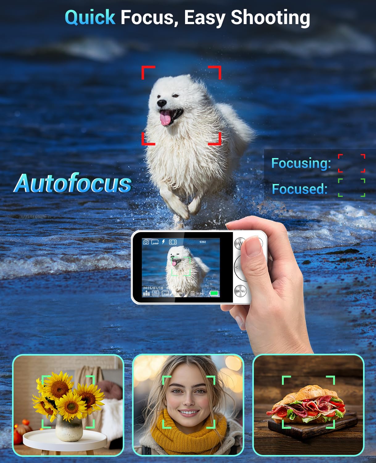Macchina Fotografica Digitale 4K 64MP, Wevoor 32GB Fotocamera Digitale | Fotocamera Compatta, 2,8” Schermo, Zoom Digitale 18x, Batteria da 2000mAh per Principianti Bambini Adolescenti - Bianco