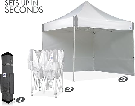 E-Z UP ES100S Instant Commercial Pop Up Canopy Tent, 10' x 10' with 3 Sidewalls, 1 Mid-Zip Sidewall and Wide-Trax Roller Bag, White