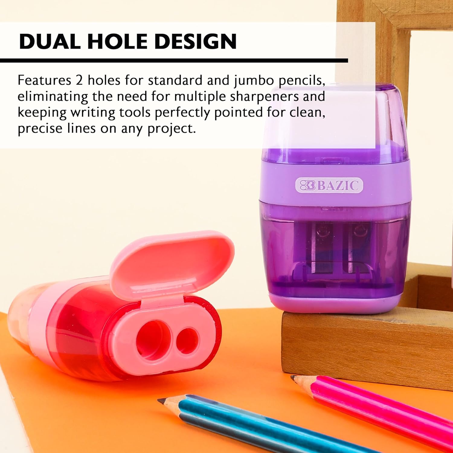 BAZIC Products Manual Pencil Sharpeners & Eraser, 144 Pack, Colorful 2 Sharpening Holes Sharpener with Eraser, Dual Hole Compact Small Handheld Pencil Sharpener, School Office Art Supplies