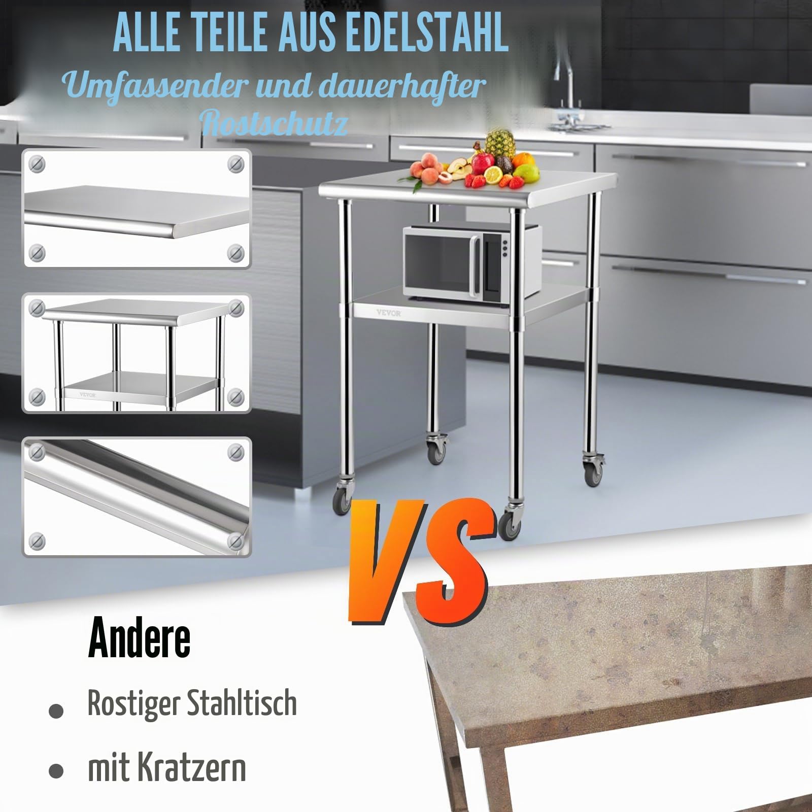 VEVOR Kommerzieller Edelstahltisch 61 x 61 x 91,4 cm, Rollbarer Zweilagiger Arbeitstisch Zerlegetisch Gastro 181,4 kg + 91 kg Tragfähigkeit, Gewerbe Küchentisch, Zubereitungstisch Küchenmöbel