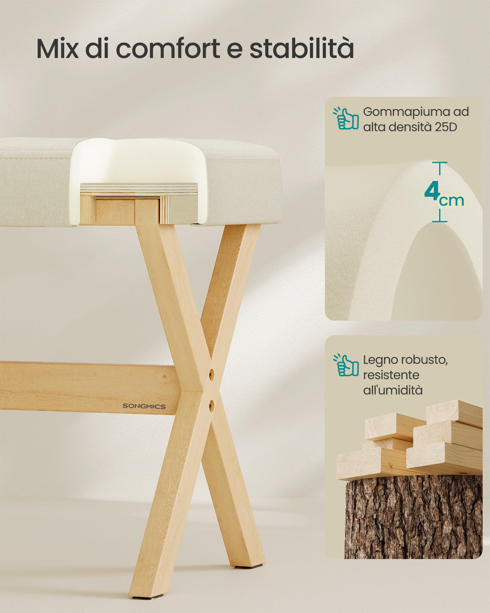 SONGMICS Sgabello da Trucco, Sgabello Toeletta Imbottito, Poggiapiedi, Gambe in Legno, Camera da Letto Cabina Armadio Ingresso, 32 x 42 x 46 cm, Beige Sabbia e Naturale LSF006LF02