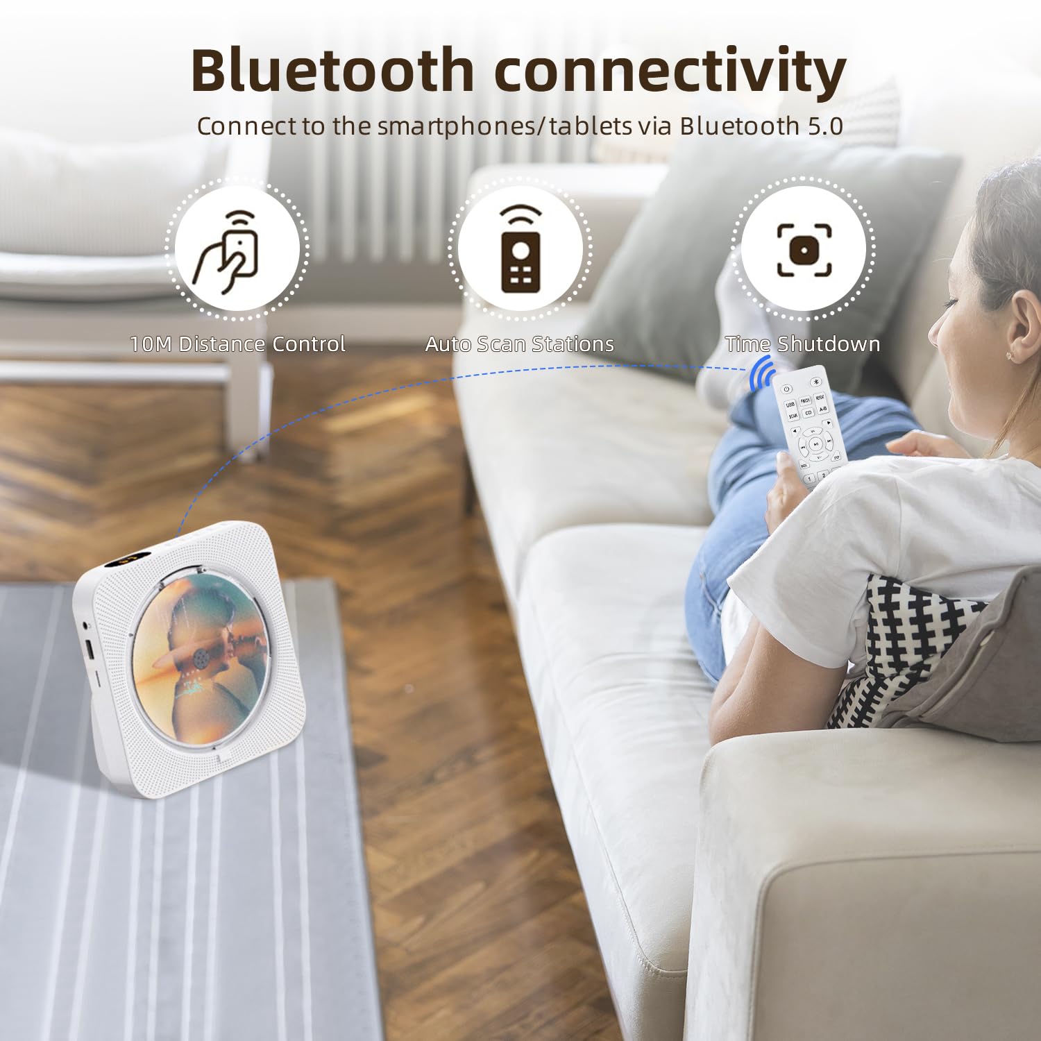 Lettore CD, lettore CD Bluetooth portatile, altoparlanti hi-fi integrati con timer, radio FM USB