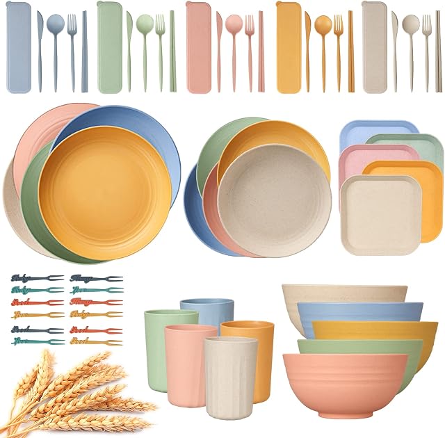 62pcs Plastic Dinnerware Sets for 5 People, Camping Plates and Bowls Set, Unbreakable Picnic Dinner Sets, Lightweight Colorful BBQ Plastic Plates, Cups, Bowls, Cutlery Set, Forks for Camping, Kids