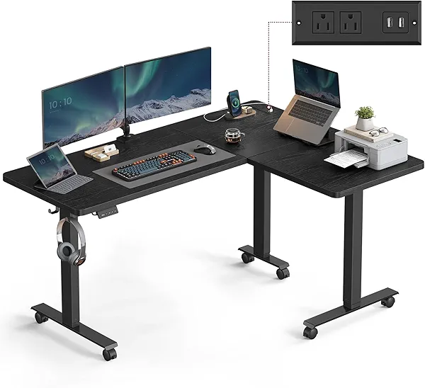 VASAGLE L Shaped Electric Standing Desk, 63 x 47.2 Inches, Height Adjustable Corner Desk with Power Outlets, 2 Memory Buttons, Easy to Assemble, for Home Office, Ink Black ULSD242B01
