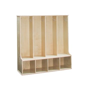 FDP Birch 4-Section Coat Locker with Bench, Storage Cubbies and Coat Hooks Durable, Sturdy Furniture for Home, Daycare, Preschool, Classroom Store Backpacks, Jackets, Shoes - Natural, 13139-NT