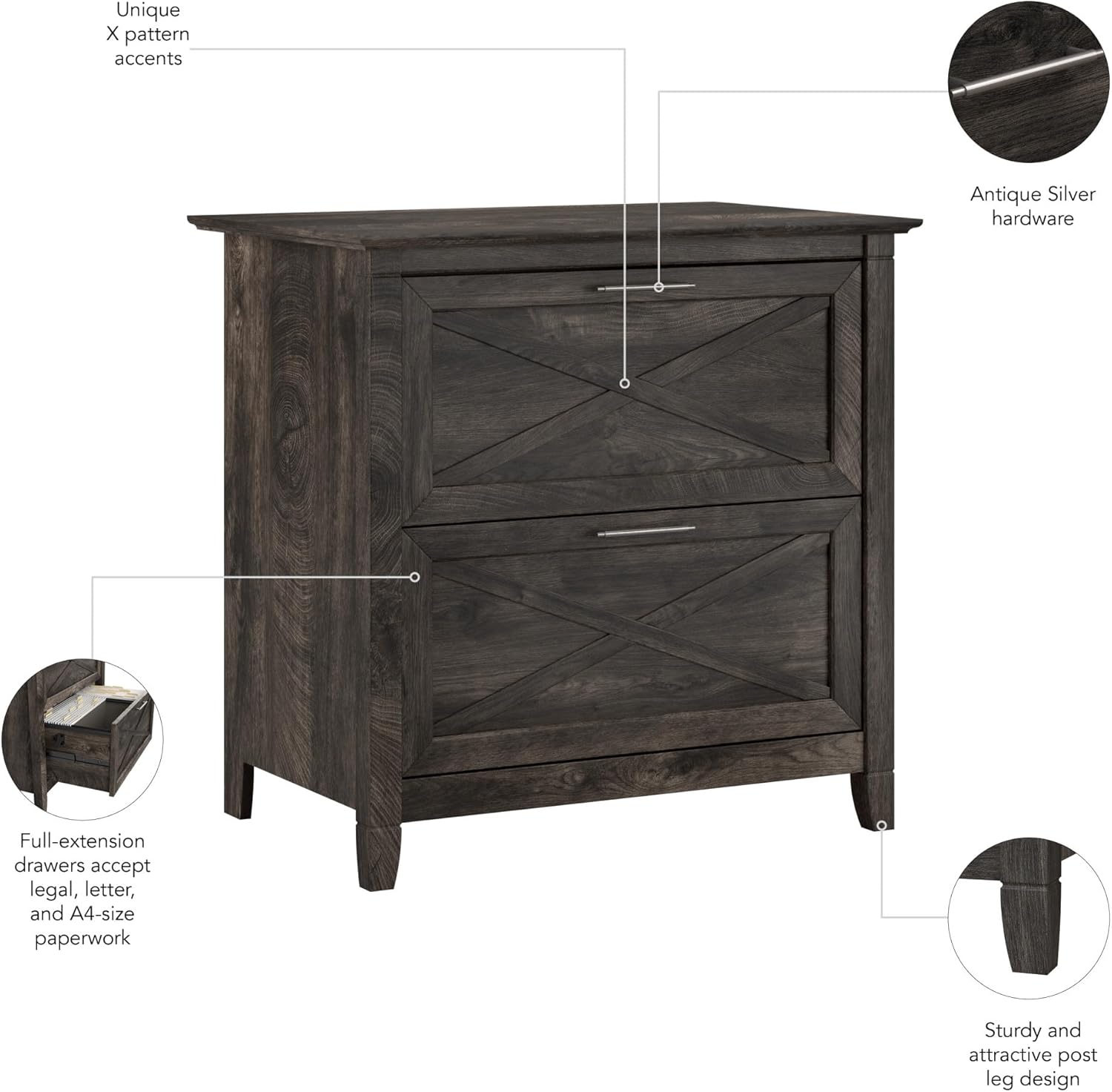 Bush Home Key West 2 Drawer Lateral File Cabinet in Dark Gray Hickory, Document Storage for Home Office, Accent Chest with Drawers