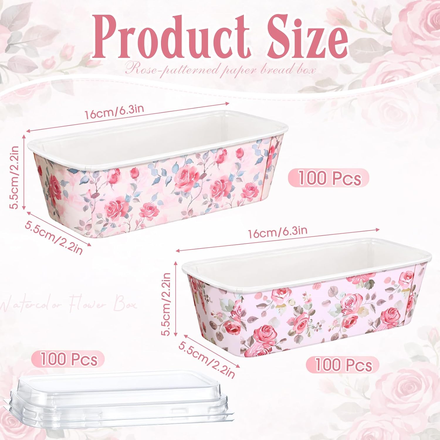 LemonRoad 100 Pcs Rose Mini Loaf Pans with Lids 6.3 x 2.2 x 2.2 Inch Floral Disposable Paper Baking Pan Bulk, Mothers Day Wedding Bridal Baby Shower Baking Party Supplies for Cake Bread Oven Bakery