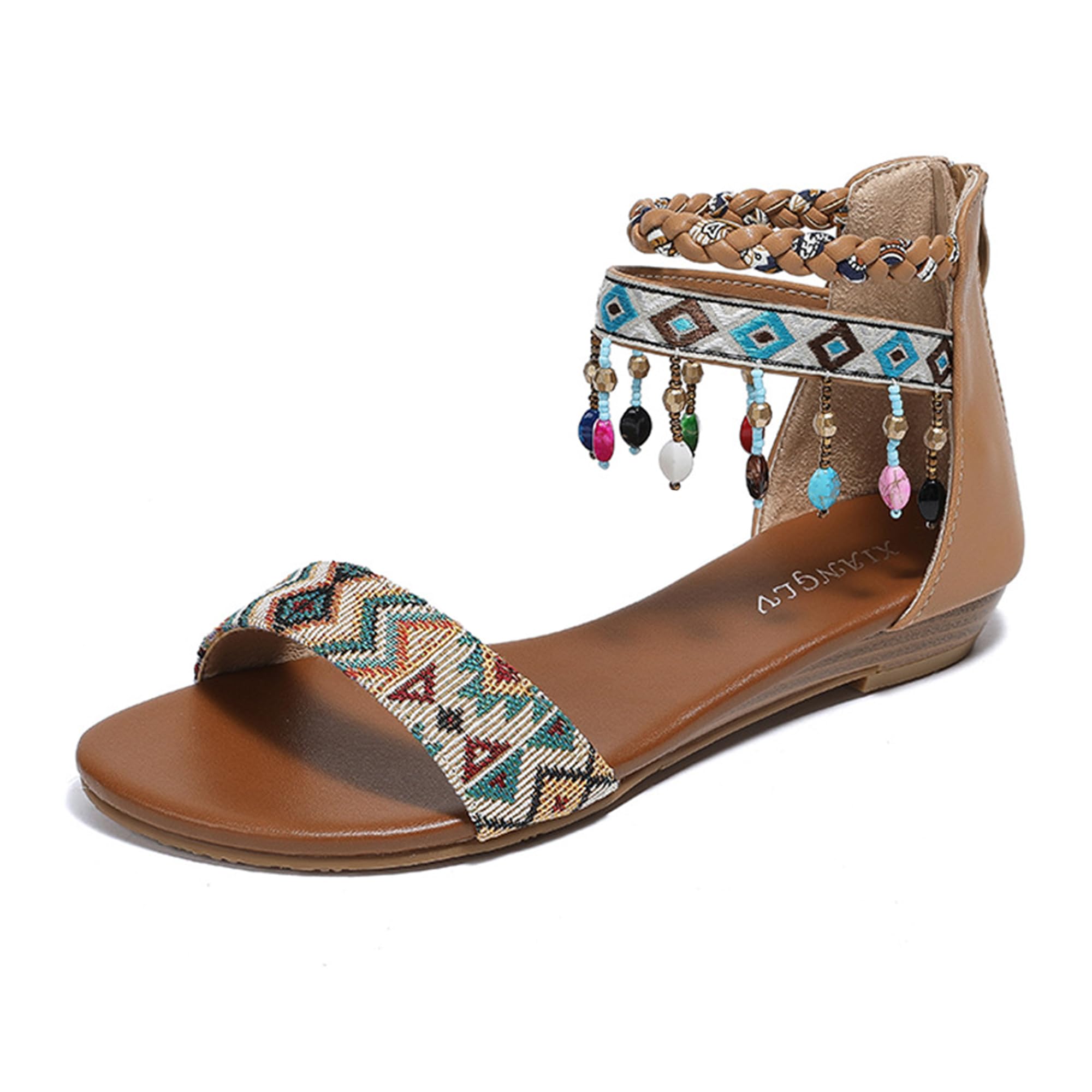 LOCIIXAT Womens Rhinestones Beaded Gladiator Sandals Summer Casual Comfortable Shoes Zip Back Flat Sandals with Ankle Strap