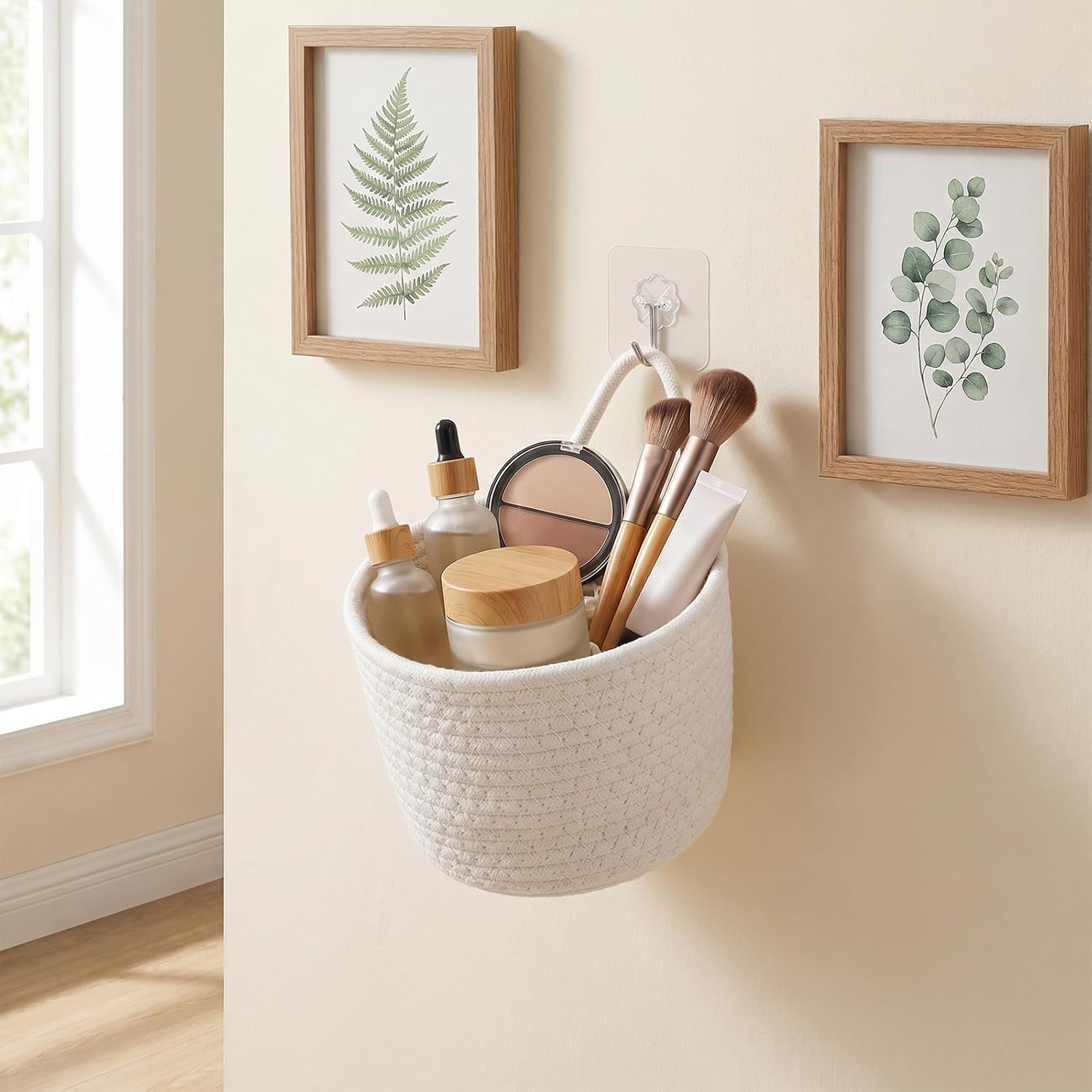 4 Pack Wall Hanging Baskets Woven Cotton Storage Pouch Boho Style Organizer with Adhesive Hooks, Large Wall Mounted Bag for Bathroom Kitchen Bedroom Door Rack Decor