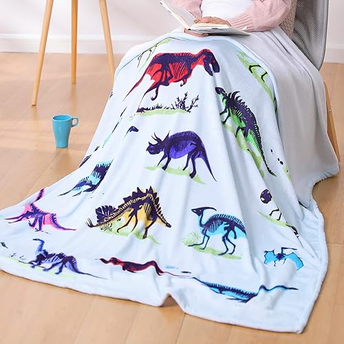Miniatura 2 de chifave Manta de dinosaurio para niños, manta de forro polar de felpa Sherpa con patrón de dinosaurio, suave y acogedora manta de dibujos animados