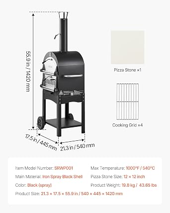 VEVOR Pizza Oven 12 Inch Pellet Ovens 2-Layer Pizza Oven with Wood Fire Wood-fired Oven Outdoor with 2 Removable Wheels Pizza Maker with Maximum Temperature of 540 °C for Grilling [Energy Class A]