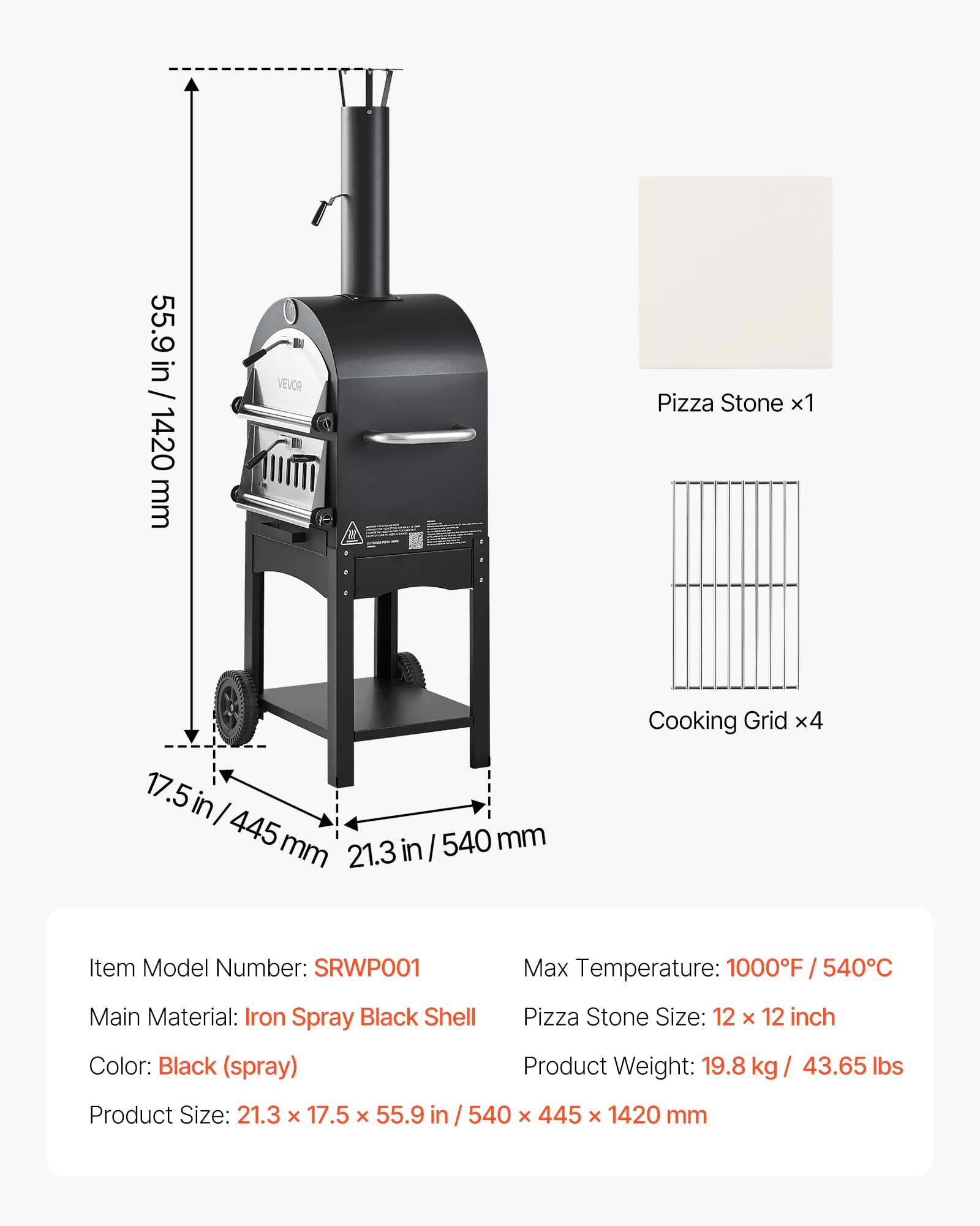 VEVOR Four à Pizza d’Extérieur 12 pouces 305 mm, Four à Granulés de Bois 2 Niveaux, avec Deux Roues Amovibles, Température Maximale de 538 °C, pour Réunion Camping Jardin Arrière-Cour Barbecue