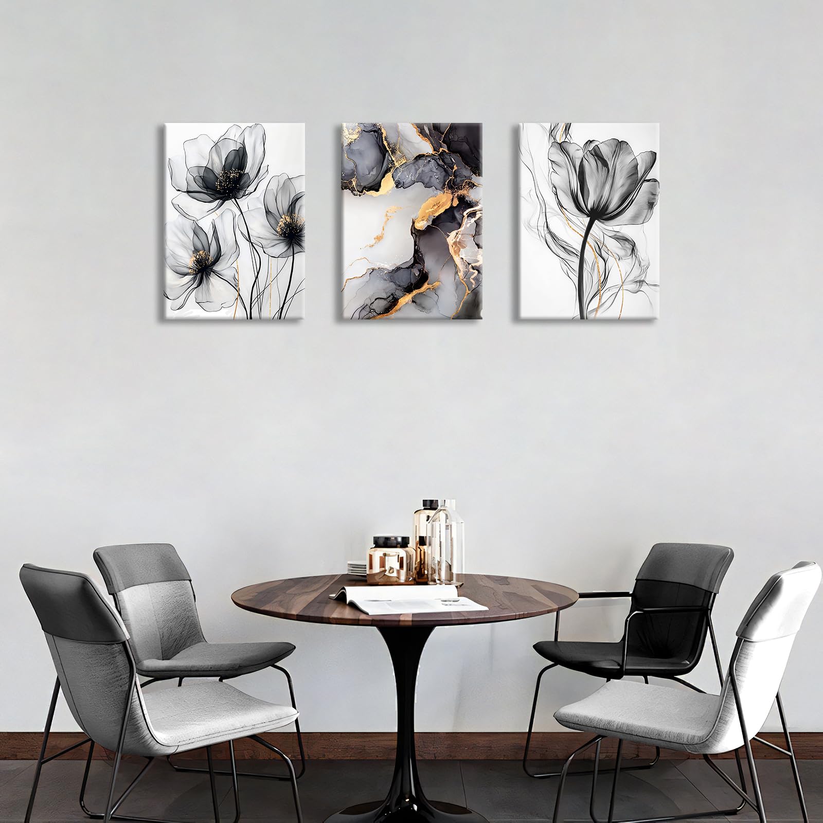 3 Pcs Wooden Framed Canvas Wall Art Canvas Prints Watercolour Poppy Flowers Painting Marble Black Ash Gold Abstract Pictures for Living Room Bedroom Bathroom Home Wall Decoration 40x60 cm x3pcs - Image 2
