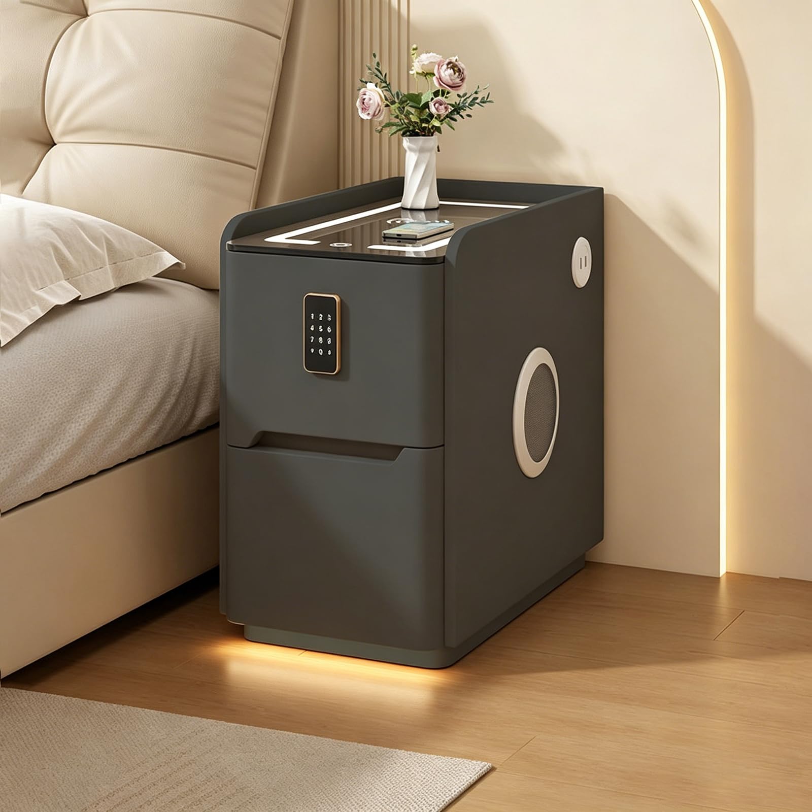 FCHZJCZYT Smart Nightstand, Modern Night Stands, Nightstand with Charging Station W/Combination Lock Induction Light Strip, Fully Assembled for Bedroom Living Room,gray A,40 * 40 * 50cm/16 * 16 * 20"