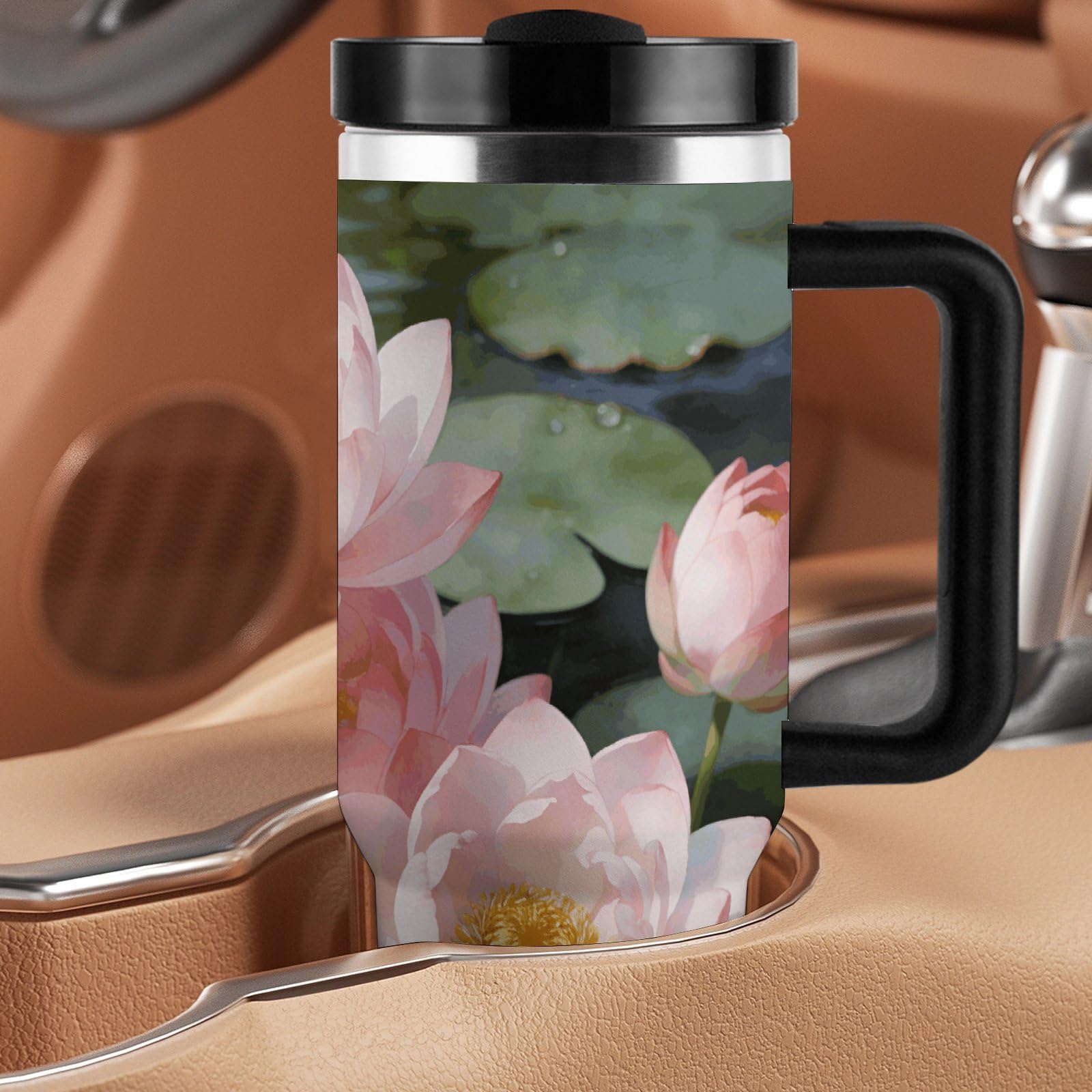 Bright Sunny Day, tazza da caffè da viaggio con fiori di loto, in acciaio inossidabile, tazza da caffè con coperchio e cannuccia, tazza con manico, grande capacità, doppia parete sottovuoto a