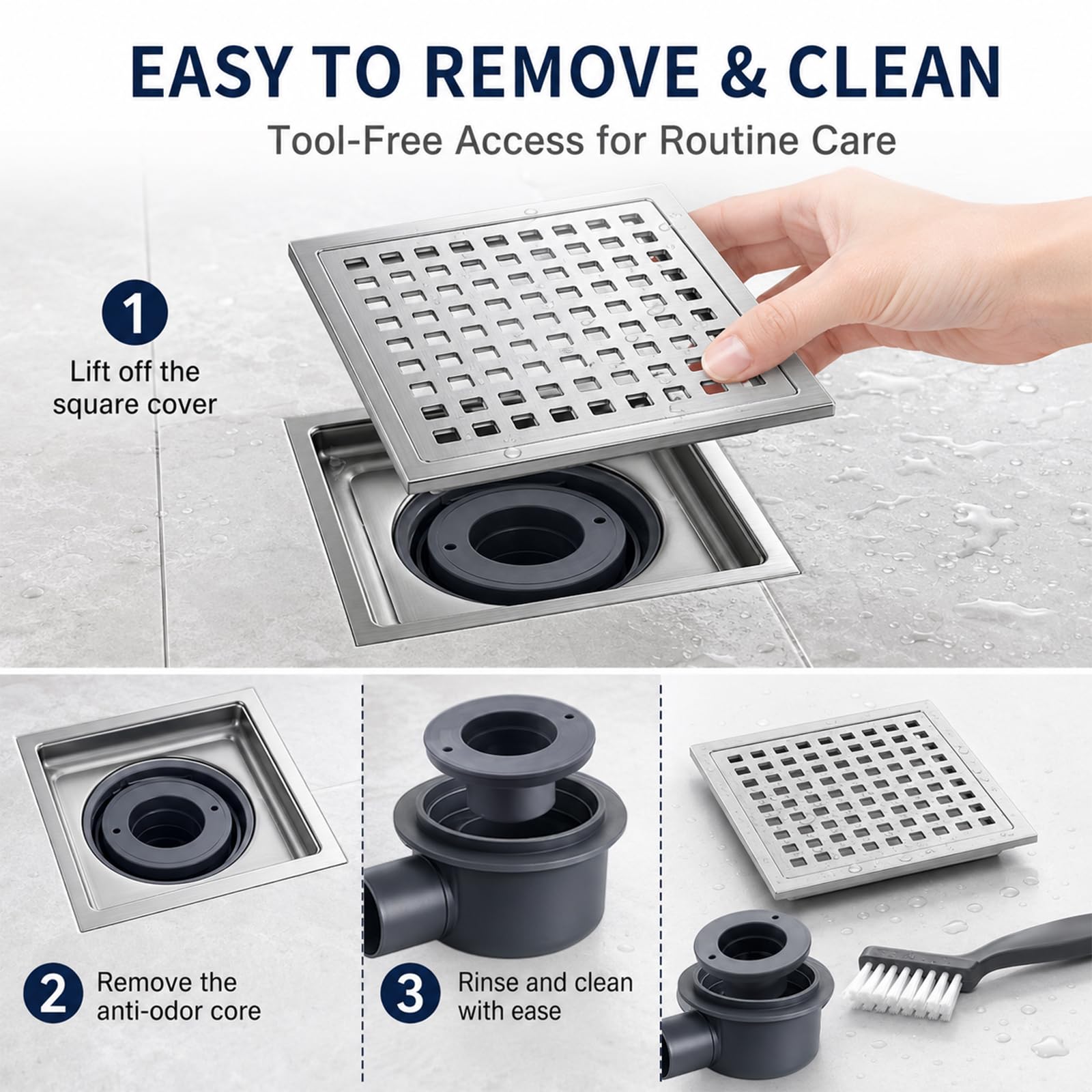 Sifone a Pavimento Scarico Doccia Inox 304 Griglia Anti-Odore Tubo DN50