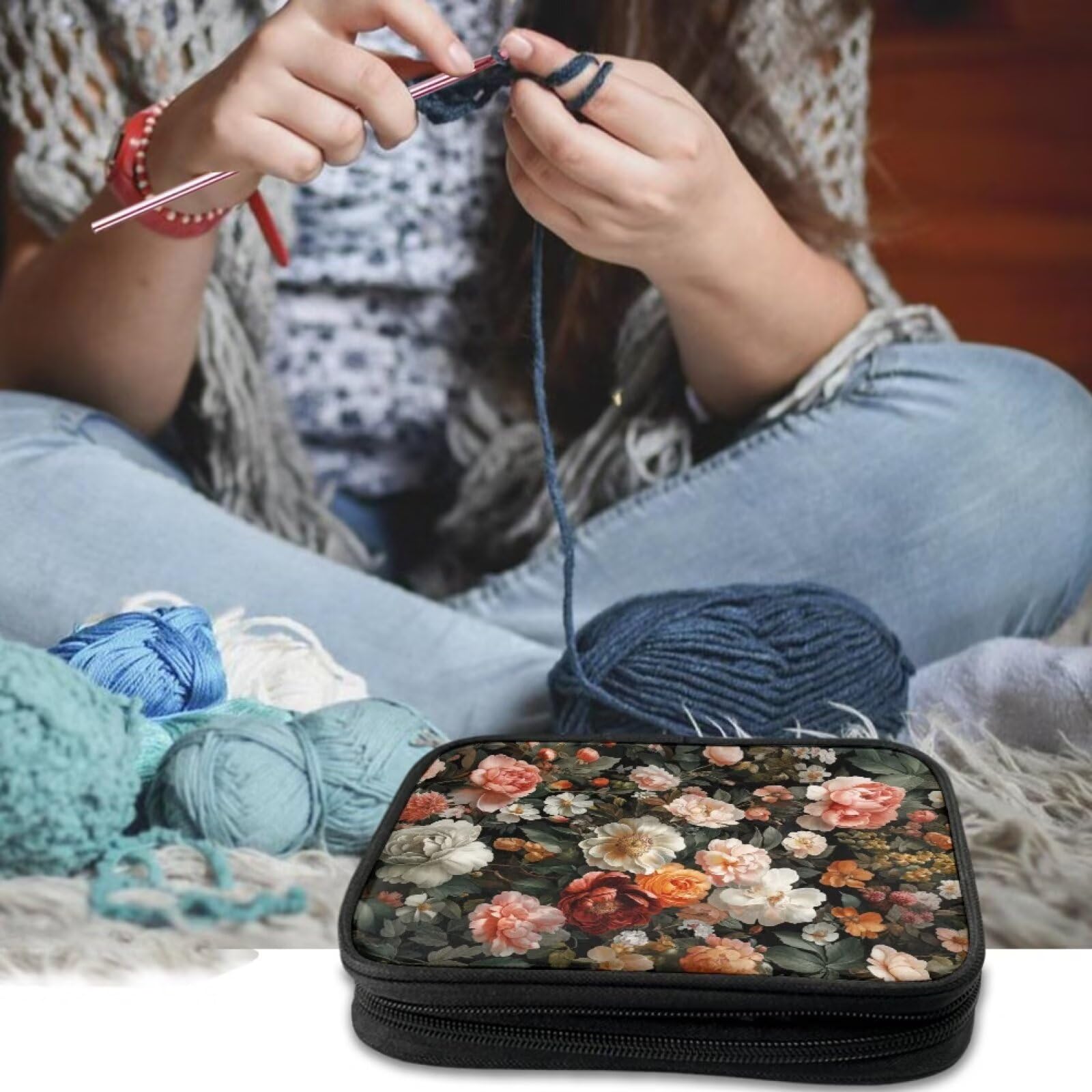Hudotybom Multicolored Rose Crochet Hook Case Crochet Hook Holder Portable Storage Bag with Web Pockets Suitable for Needles/Knitting Accessories