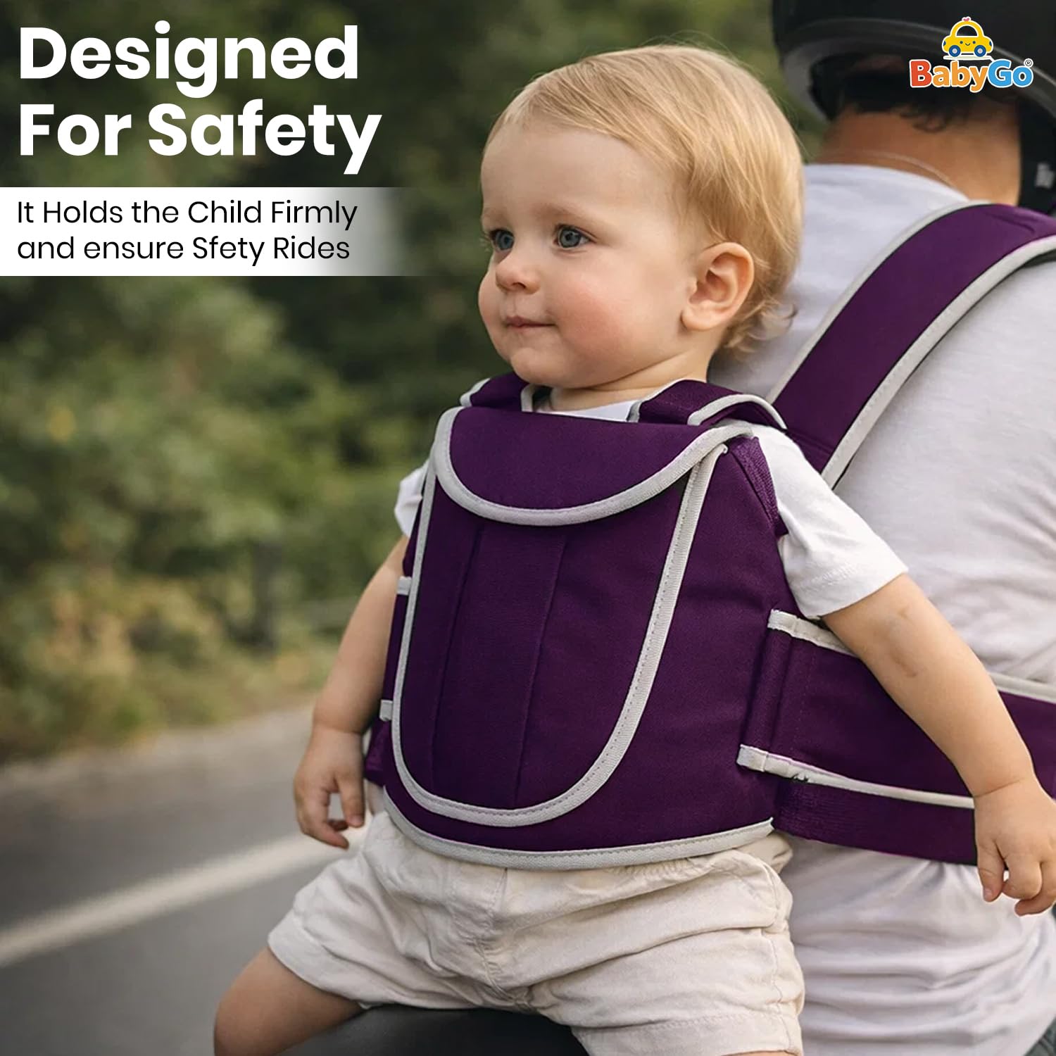 BabyGo Kids Safety Belt for Two Wheeler with Reflective Strips, Portable Baby Safety Belt for 2 Wheeler| Double Buckles for Extra Safety for Kids (Purple)