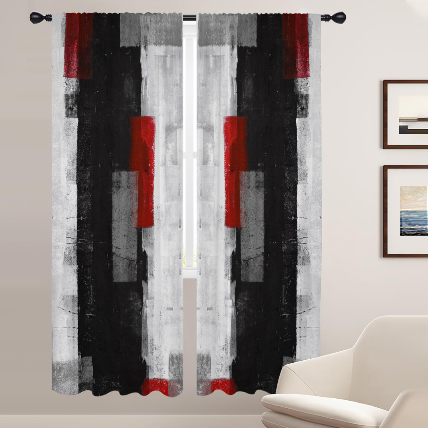 Coxila Abstract Red and Grey Window Curtains for Bedroom 42 x 84 Inch Long Mordern Black White Art Minimalist Stitching Lattice Design Living Room