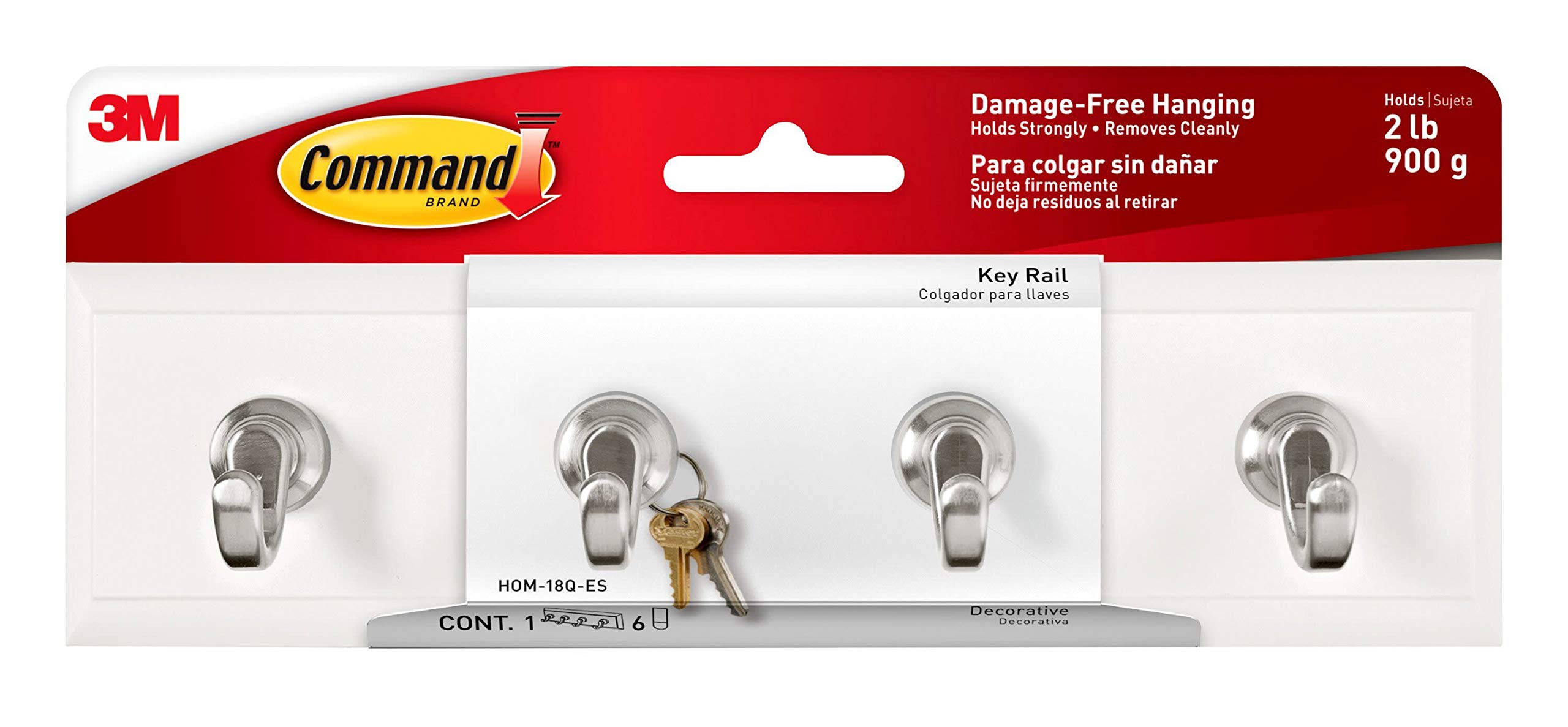Command Quartz Key Rail White and Silver color , 1 rail and 6 strips/pack | Holds 900gr. | Organize | Decoration | No Tools | Holds Strongly | Damage-Free Hanging