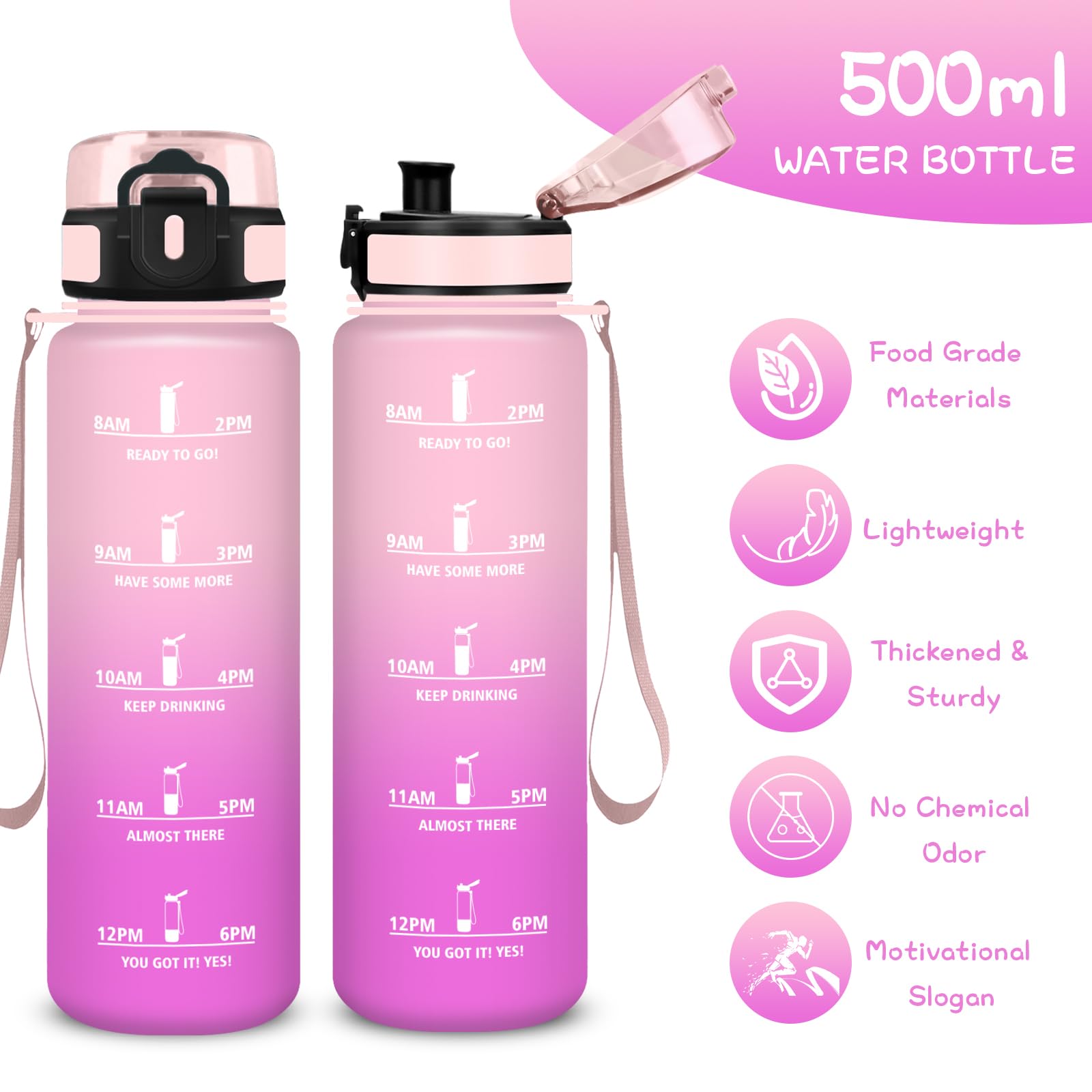 Trinkflasche Kinder- 500ml- Wasserflasche, Trinkflasche Kohlensäure Geeignet, Auslaufsicher, Wasserflasche mit Motivierendem Slogan, Water Bottle für Schule, Schwimmen, Büro, Running, Camping - 3