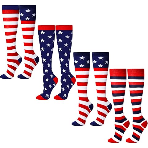 Vicenpal 4 Pairs Women Men American Flag Knee Socks Christmas Sugar Skull Knee Socks Women Compression Sock Novelty Gift