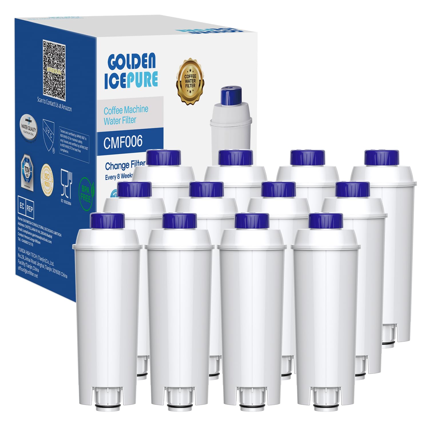 GOLDEN ICEPURE Water Filter Coffee Machine Compatible with De'Longhi DLSC002, SER3017 & 5513292811, ECAM, ESAM, ETAM, BCO, EC Series, Pack of 12