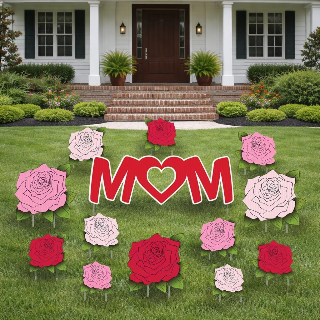 Happy Mother’s Day Yard Decorations – MOM Sign with Roses (13PCS) Outdoor Lawn Decor with Stakes, Waterproof & Reusable, Made in USA by VictoryStore