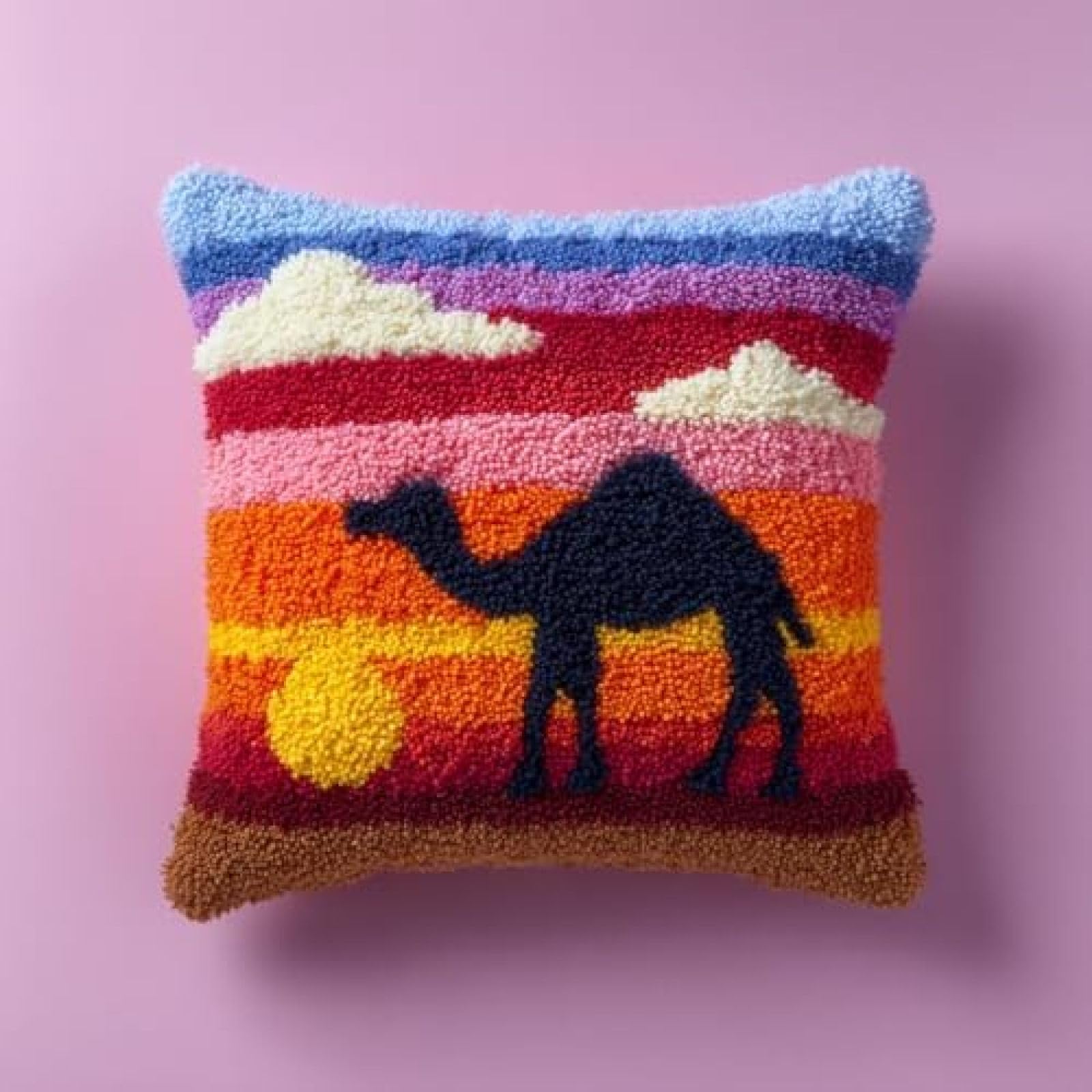 kitphoenix Latch Hook Pillow Cover Making Kit for Adults Beginners,Camel and Sunset,DIY Cushion Cover Craft Set with Yarn,Hook and Pre-Printed Canvas,43x43 cm