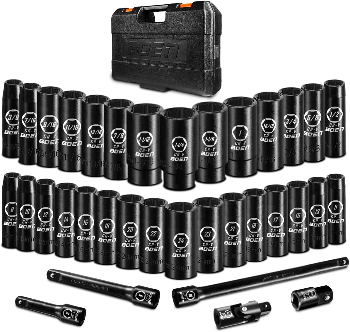 BOEN 35PCS 1/2” Drive Impact Socket Set, Deep SAE(3/8"-1-1/4") & Metric(8-24mm) Socket with Extension Bars, 6 Point Cr-V Steel for Auto Repair, Double Lock Case