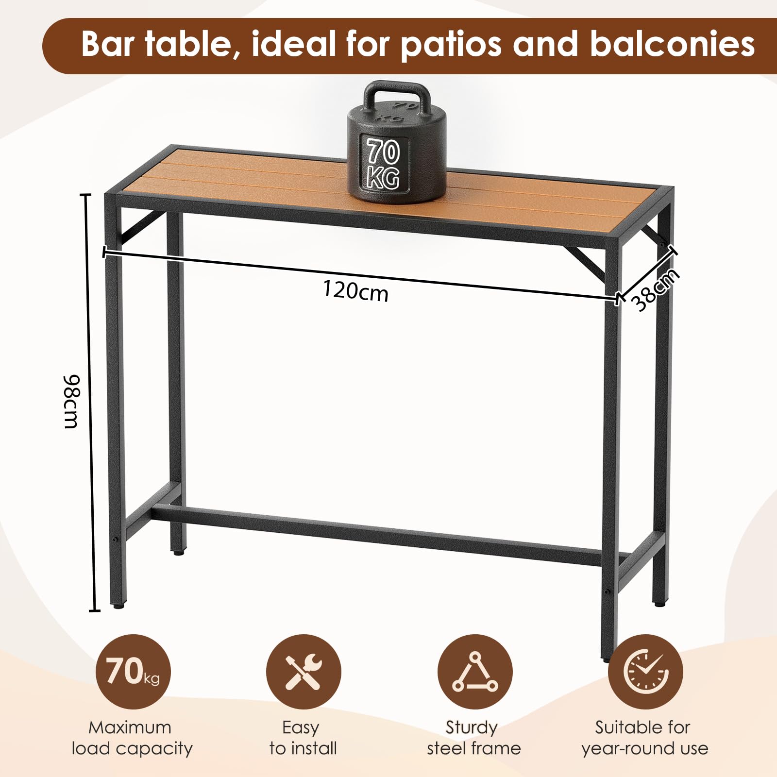 Table Haute de Jardin Clevich 120x38x98 cm Mange Debout Exterieur Plateau Étanche Pieds Réglables Hauteur Bois