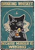 Retro Metal Tin Sign Black Cat Satan And Wine Drinking Whiskey Because Murder Is Wrong Bar Club Cafe Family Restaurant Wall Decoration 12x8 Inches