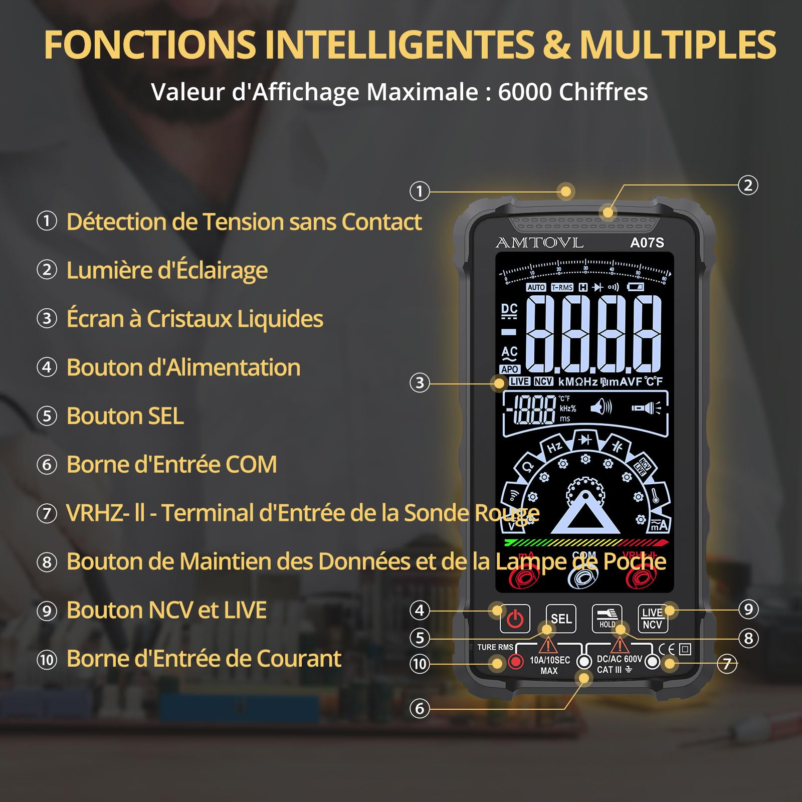 AMTOVL Multimètre Numérique 6000 Comptes Écran Couleur Multimetre Mode Manuel Auto Testeur Electrique Rechargeable TRMS pour Mesurer la Tension Courant Capacité Testeur NCV Température