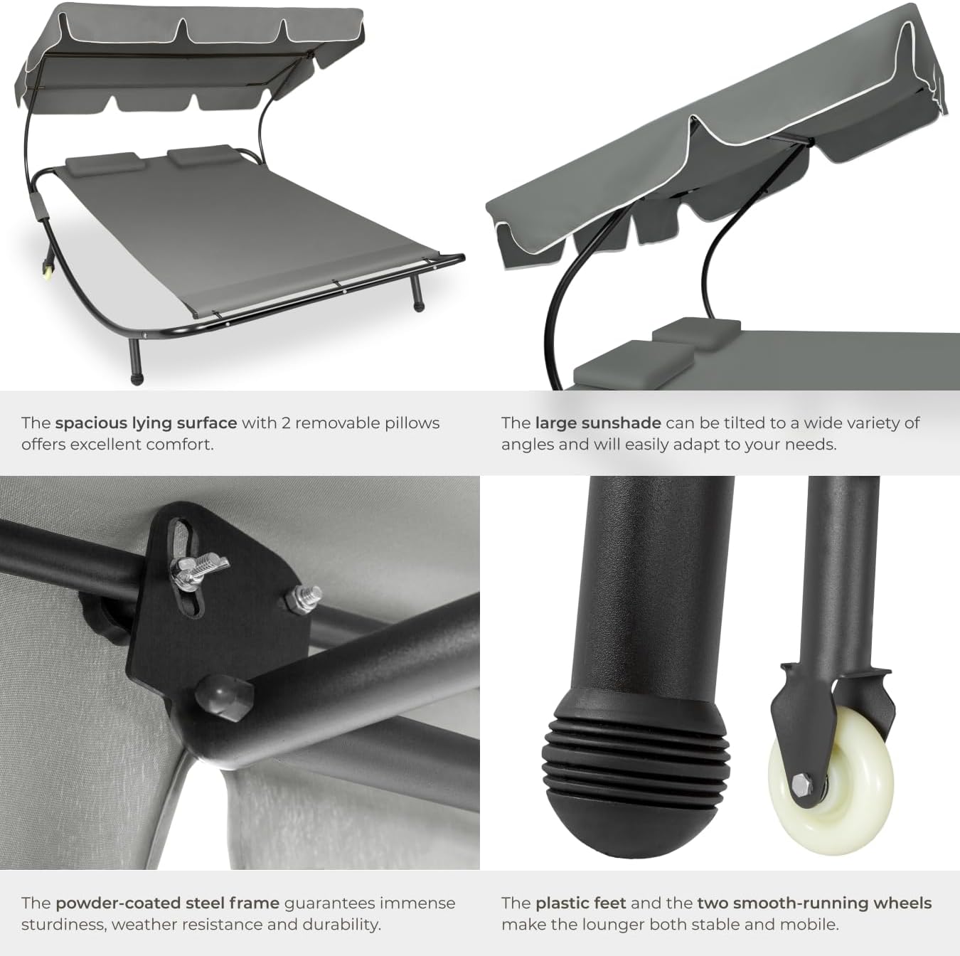 Close-up of sun lounger components including frame connection, wheels, and pillows