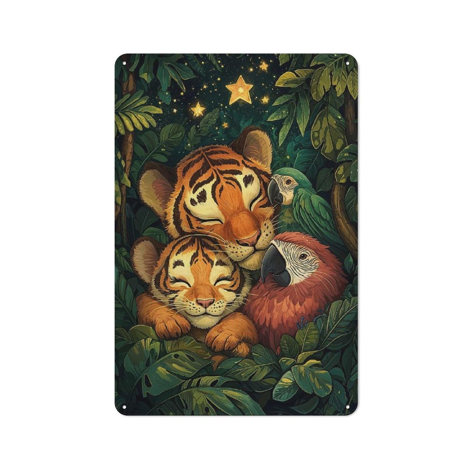 Junmoney Style-1 Vintage Tin Sign 30X20cm Featuring Tiger Cubs And Parrots For Bar Or Restaurant, A Decorative Christmas Gift For Bar Decor Enthusiasts